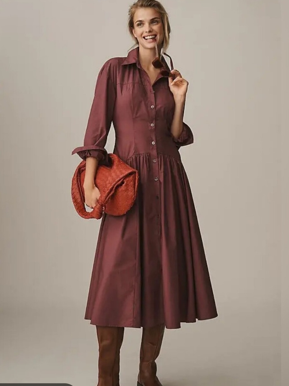 Anthropologie Button-Front Dropwaist Midi Dress in Burgundy
